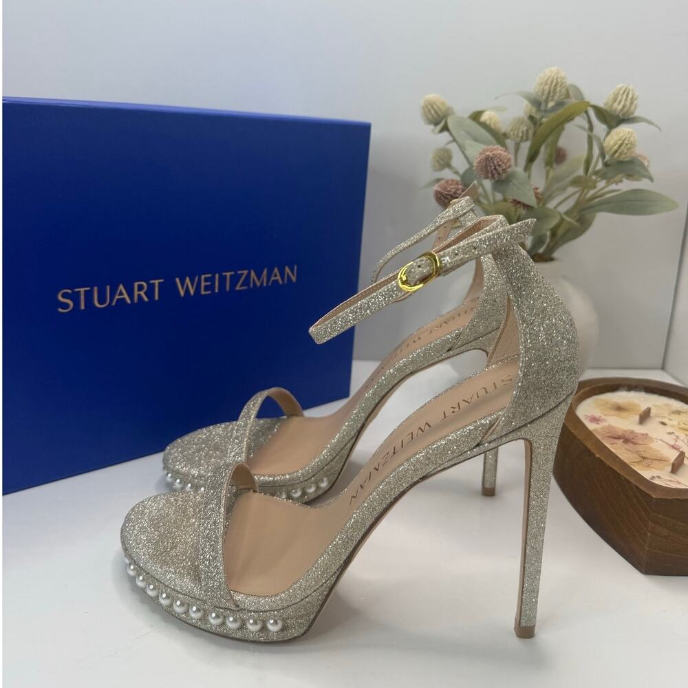 Stuart Weitzman Nudistdisco Pearl Sandal Fine Glitter Platino Women 9B Tried On